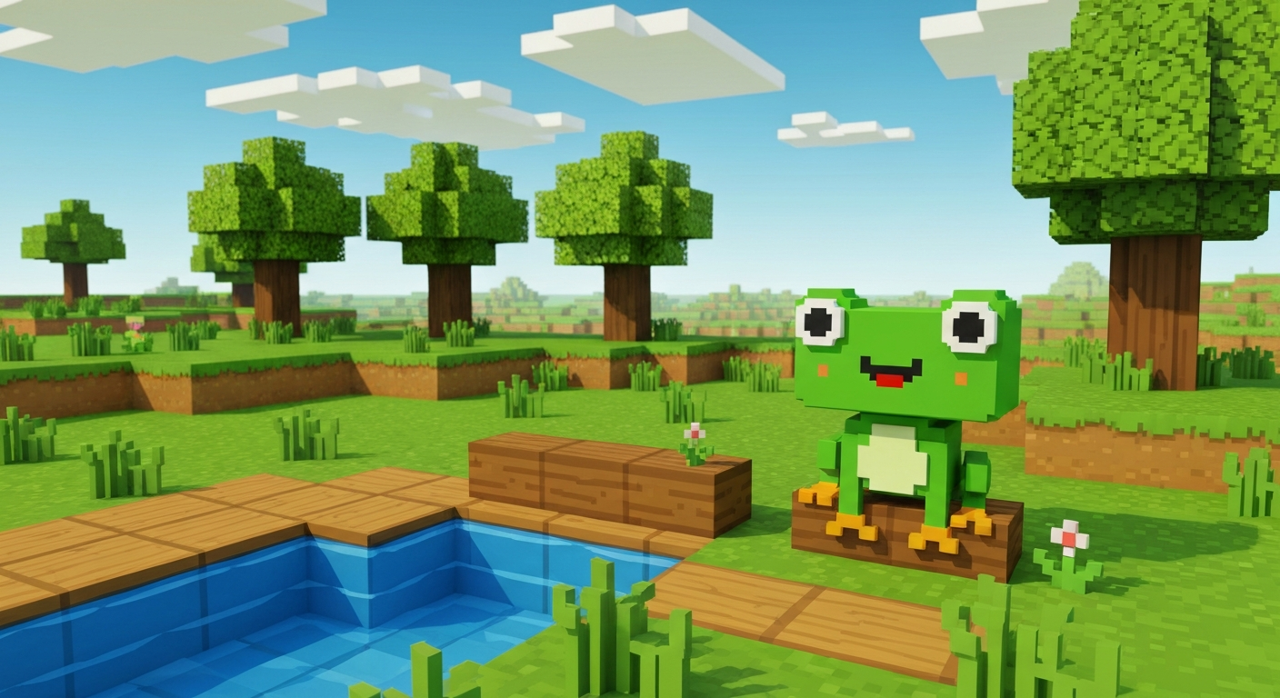 Sample DecodiVerse illustration of a frog on a log, Block World art style