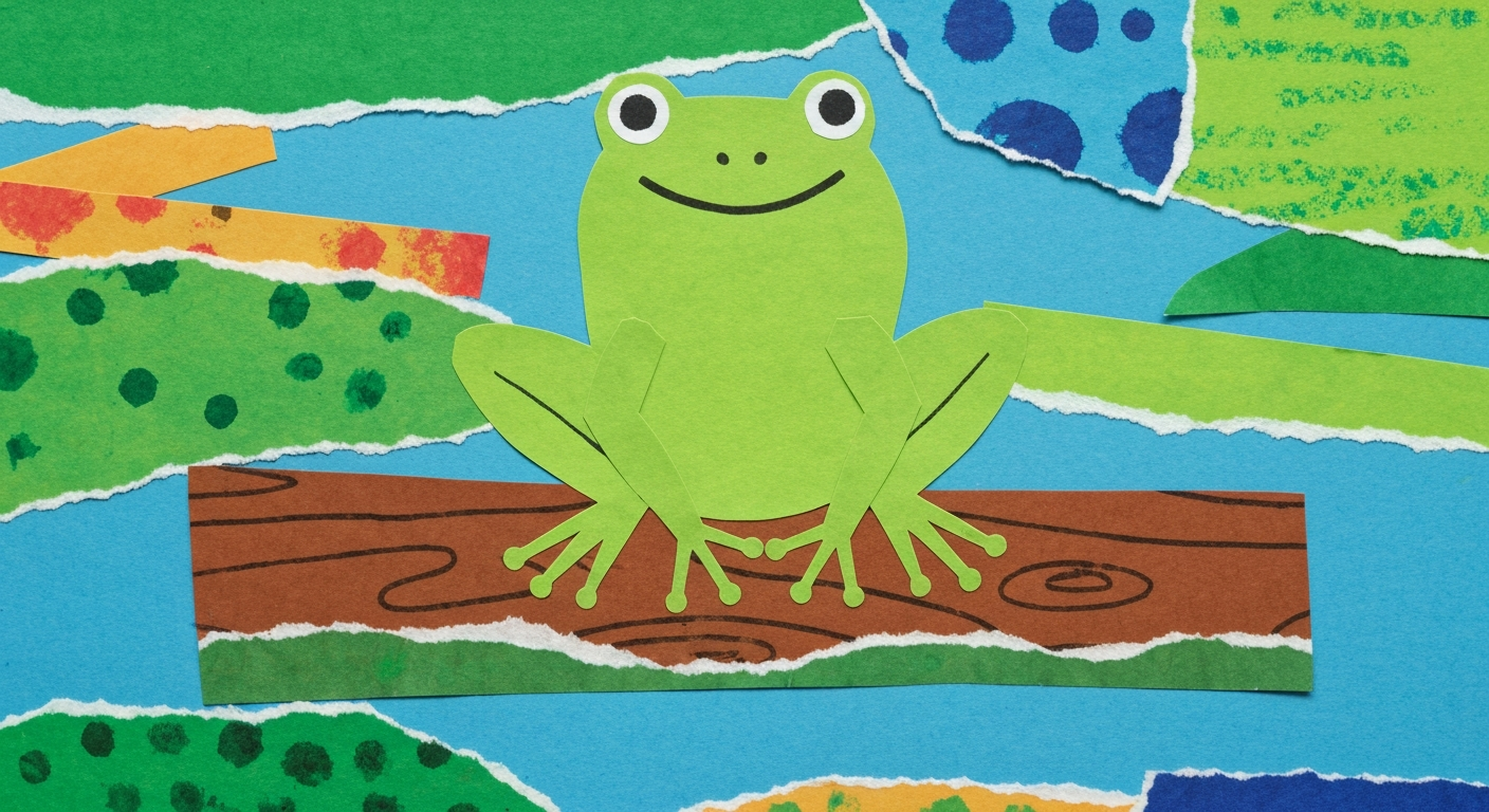 Sample DecodiVerse illustration of a frog on a log, Collage art style