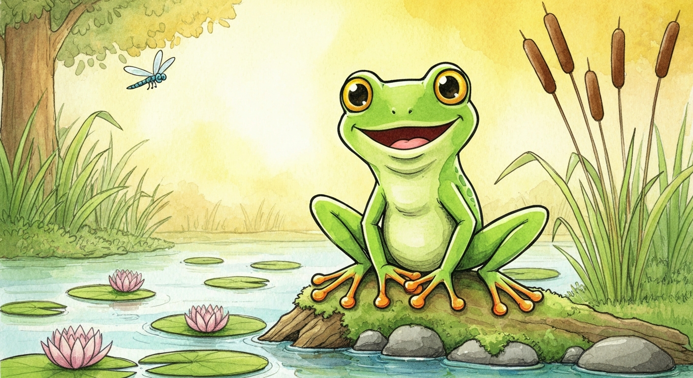 Sample DecodiVerse illustration of a frog on a log, Ink & Watercolor art style